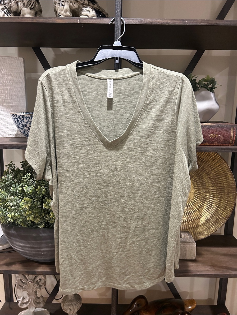 Athleta Light Olive V-Neck Short Sleeve Tee